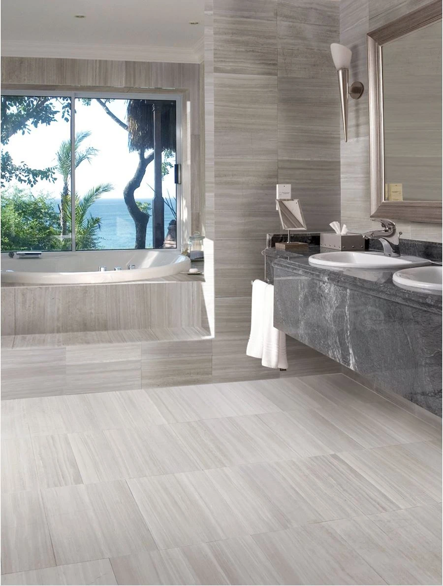 White Wood Vein Marble Bathroom